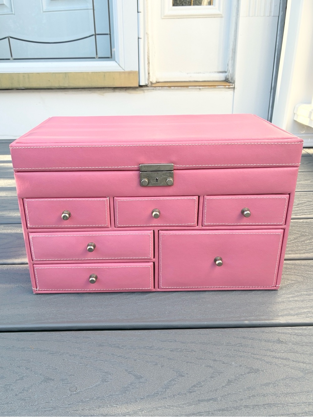 Pink Faux Leather Jewelry Organizer Box with Multiple Drawers